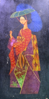 Деревянное панно-картина с изображением китаянки c  зонтиком. Китай. 