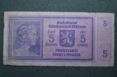 Бона, банкнота 5 крон 1940 года, Протекторат Богемия и Моравия. Серия H021. Оккупация, 3 Рейх.