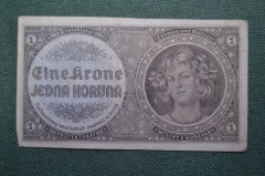Бона, банкнота 1 крона 1940 года, Протекторат Богемия и Моравия. Серия D 040. Оккупация, 3 Рейх.