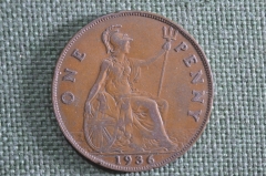 Монета 1 пенни 1936 года, Великобритания. Король Георг V. One penny. #2