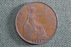 Монета 1 пенни 1921 года, Великобритания. Король Георг V. One penny. 