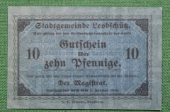 Бона, банкнота, нотгельд 10 пфеннигов 1918 года, Германия, Веймар, Леобшютц