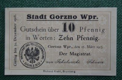 Нотгельд 10 пфеннигов 1917 год, Gorzno (Гужно), Пруссия, Германия