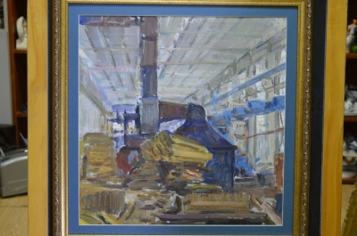 Картина "Металлургия. Московский завод Серп и молот ". Художник Петр Анурин. Масло, оргалит. СССР.