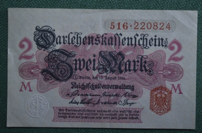 Банкнота 2 марки 1914 года. Германия, Берлин. Красная печать.
