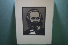 Линогравюра "Карл Маркс, портрет". Мастер графики Вячеслав Савосин. 1984 год, СССР.