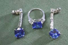 Комплект ювелирный серьги + кольцо с синим камнем " APM Monaco". Серебро 925 проба.