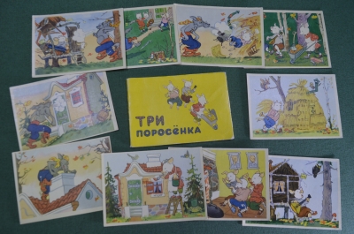 Открытки, набор "Три поросенка" (10 штук). Художник Ротов. 1959 год, СССР.