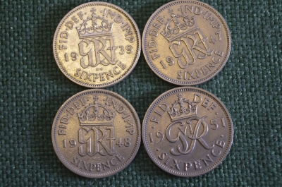 Монеты 6 пенсов периода 1939 - 1951 гг., Великобритания. Подборка, 4 штуки.