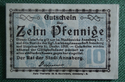 Бона, банкнота, Нотгельд 10 пфеннигов 1918 Annaberg (Аннаберг), Германия, нечастый