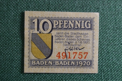 Бона, банкнота, Нотгельд 10 пфеннигов Баден-Баден 1920, Германия