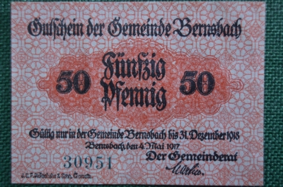 Бона, банкнота, Нотгельд 50 пфеннигов 1917 года, Брнсбах, Германия.