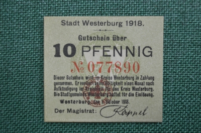 Бона, банкнота, Нотгельд 10 пфеннигов 1918 года, Вестербург (Westerburg), Германия