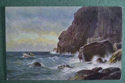 Открытка старинная "Лодка у скалы", чистая, до 1917 года
